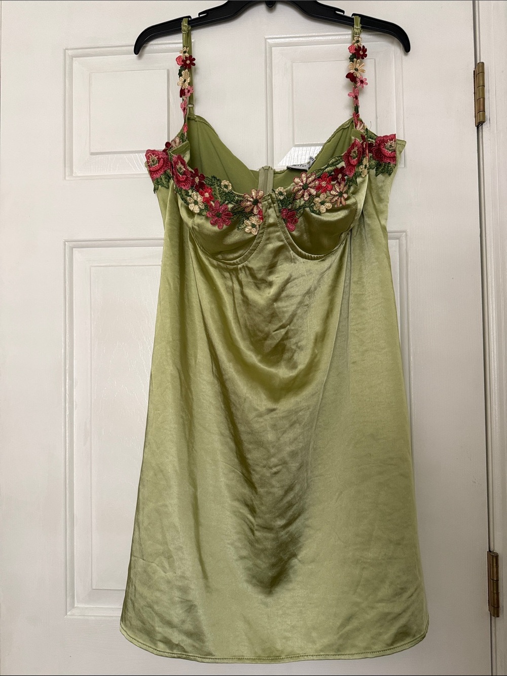 Princess Polly Olive Satin Slip with Pink & Red Floral Embroidery